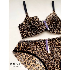 ست سوتین وشورت زیر فنردار توری پلنگی برند رزا